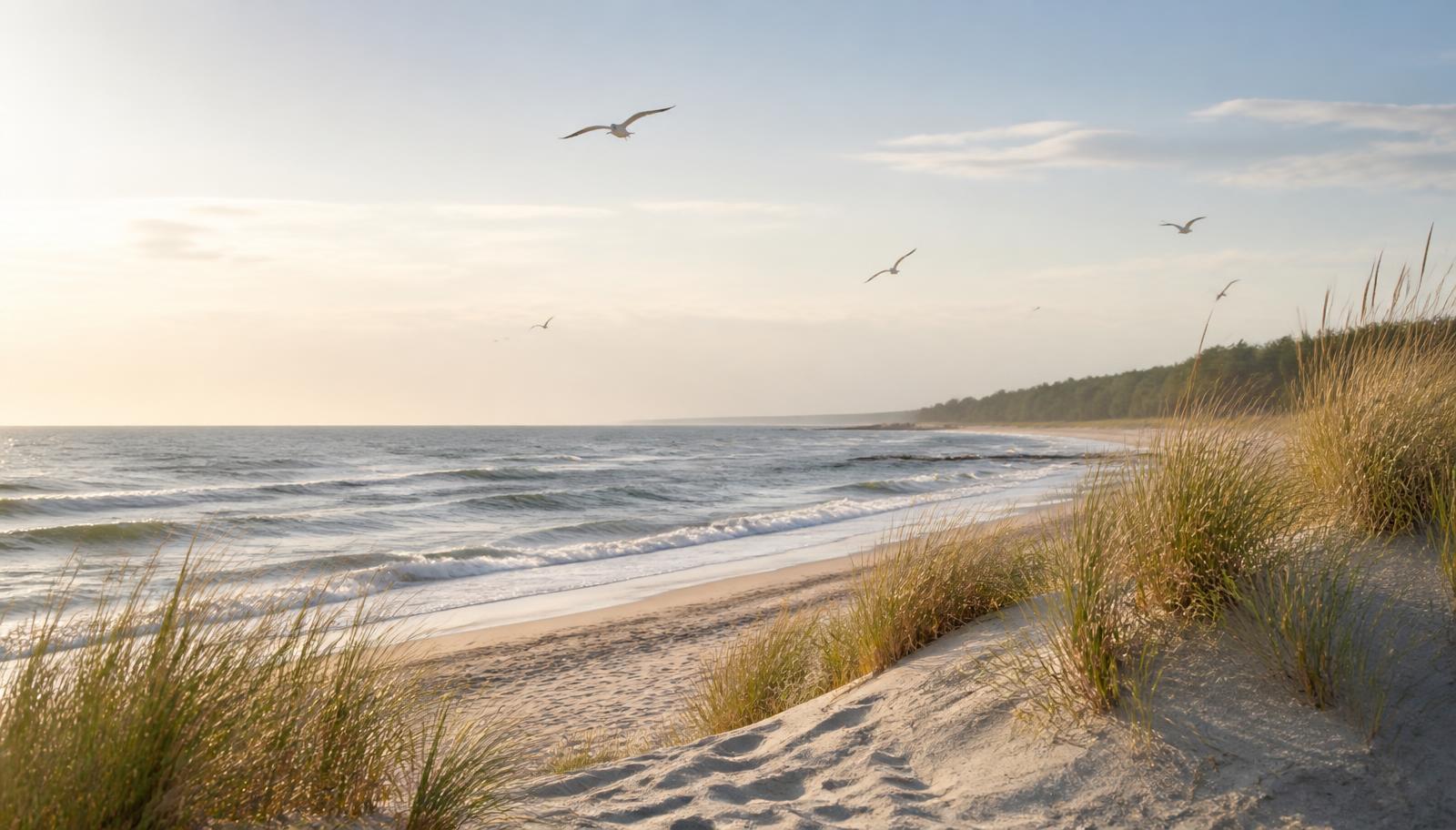 Sonnenaufgang am Ostseestrand bei Glowe mit Dünengras und Möwen